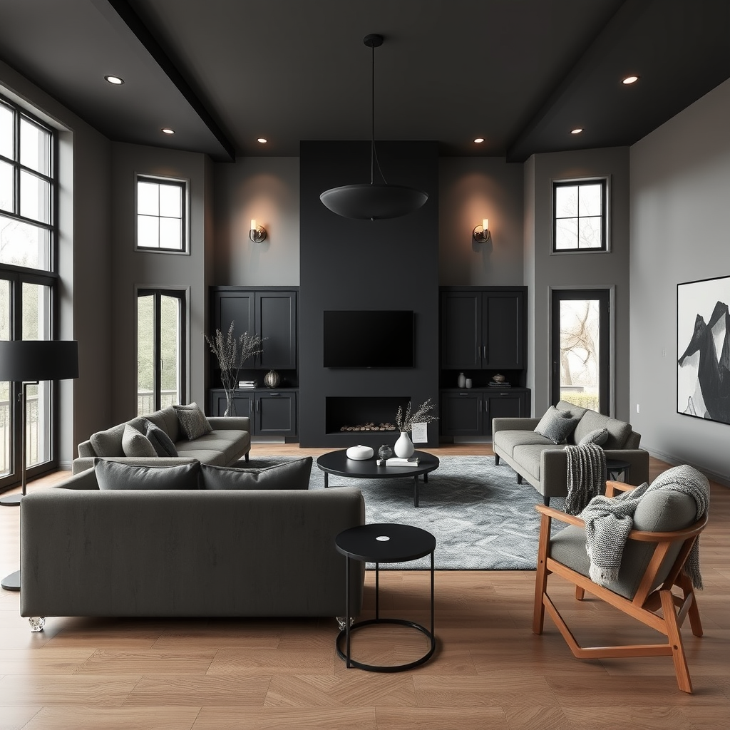 Dark charcoal family room with layered grey seating