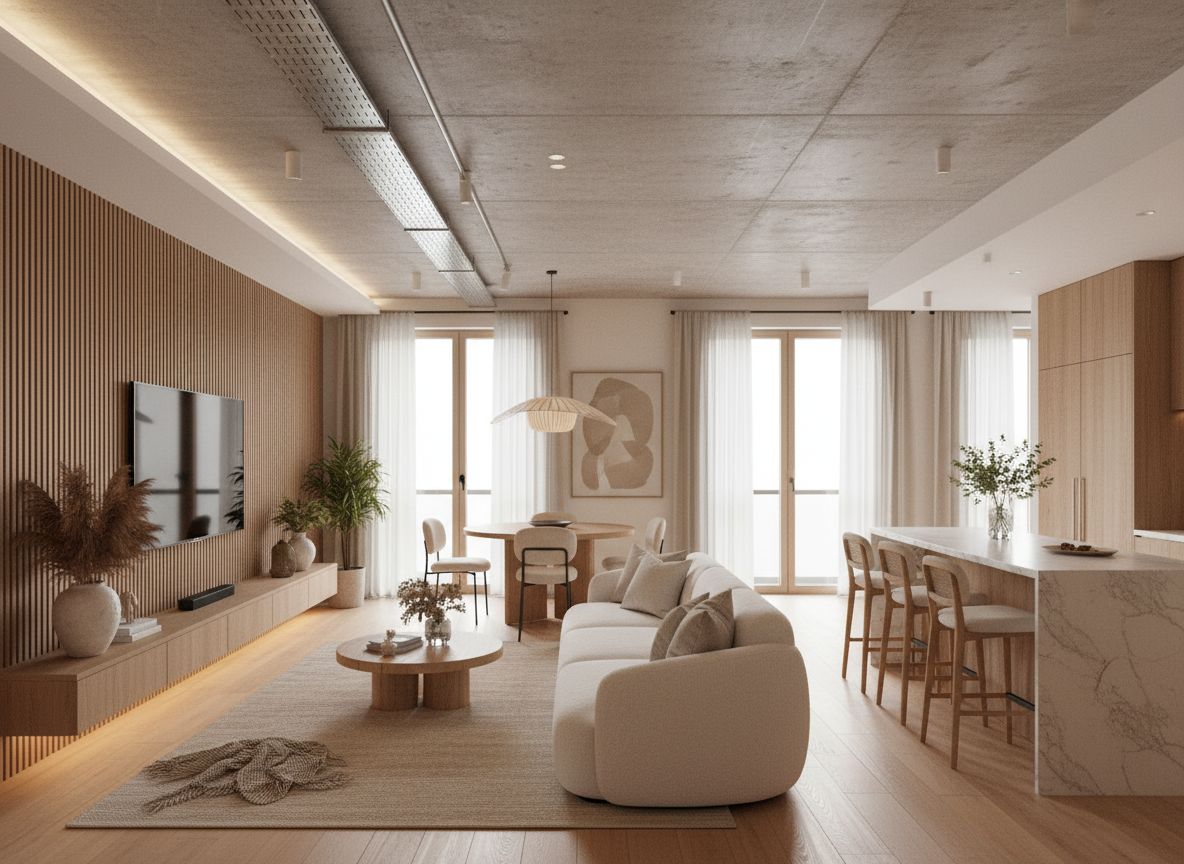 Warm minimal open-plan living room with slat feature wall