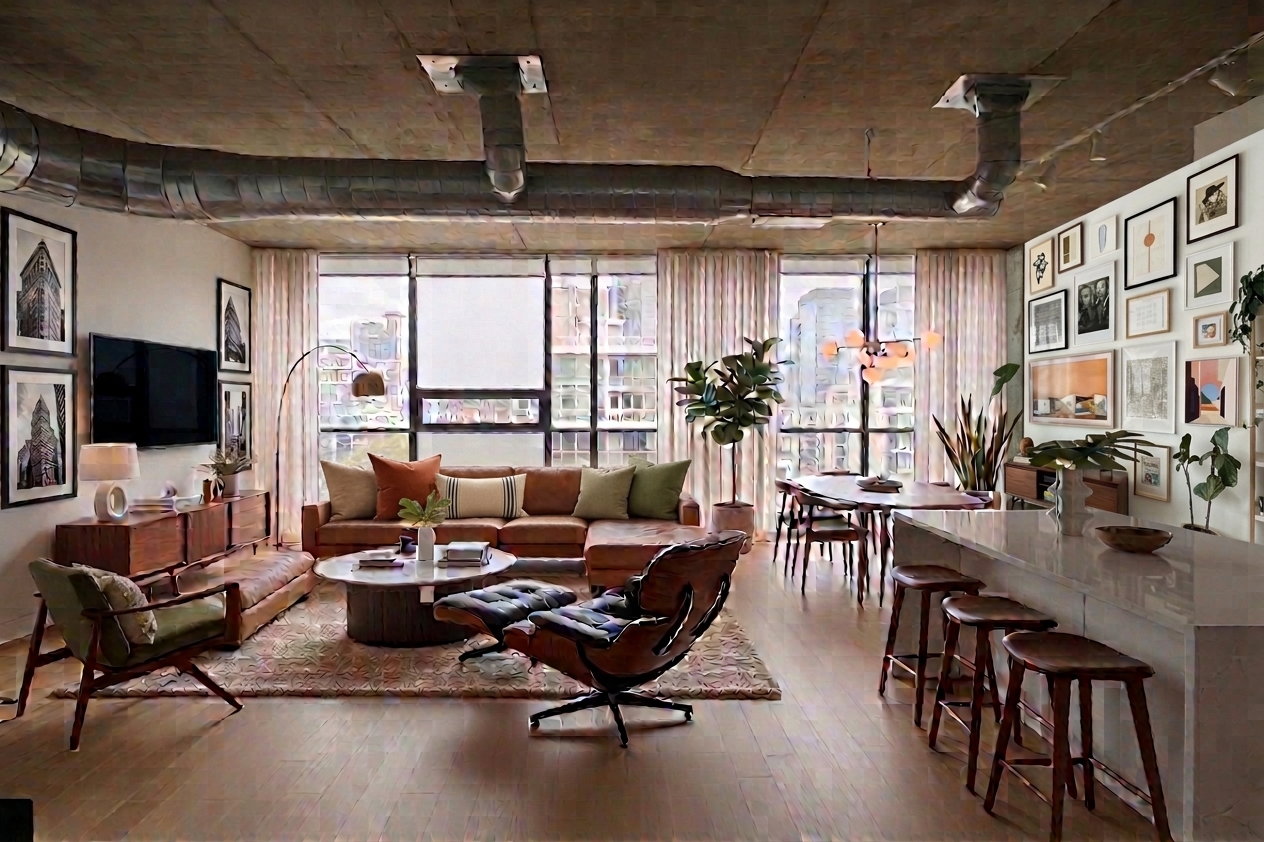 Mid-century modern loft living room with leather seating