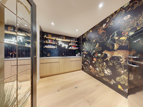 Library bar with bold patterned wallpaper